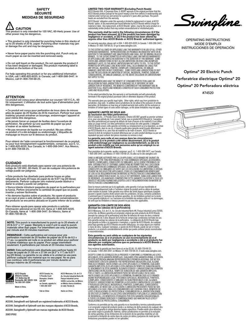Swingline Optima 20 operating instructions
