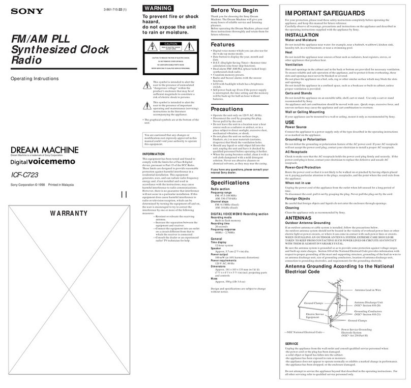 Sony ICF-C723 - Ic Memory Clock Radio User manual