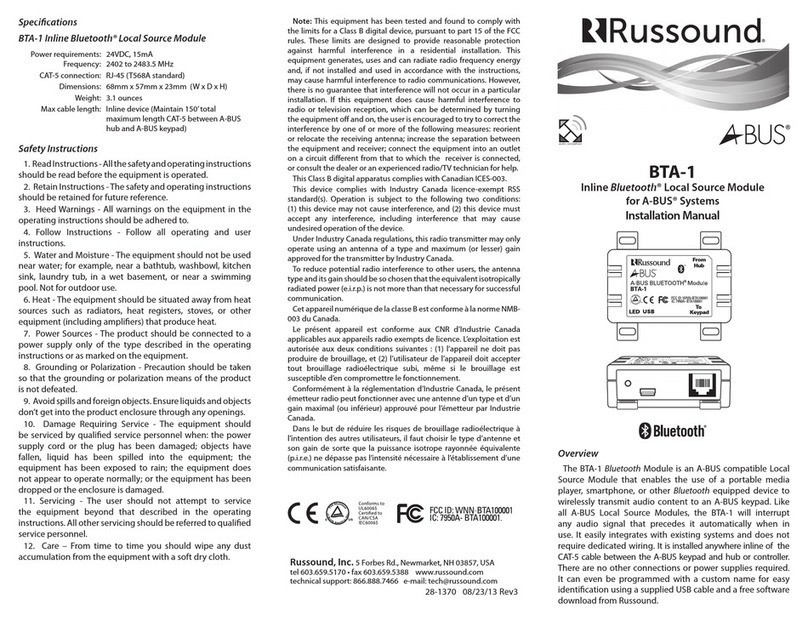 Russound BTA-1 installation manual