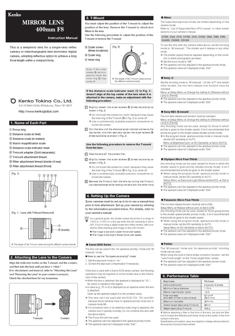 Kenko MIRROR LENS 400mm F8 instruction manual