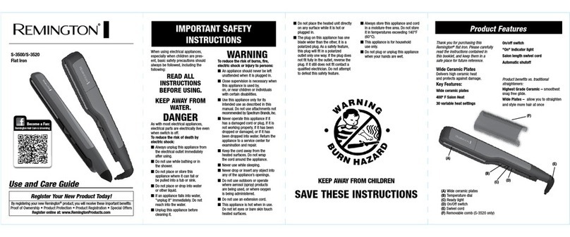 Remington S3500 Ceramic Straight 230 Use and care guide
