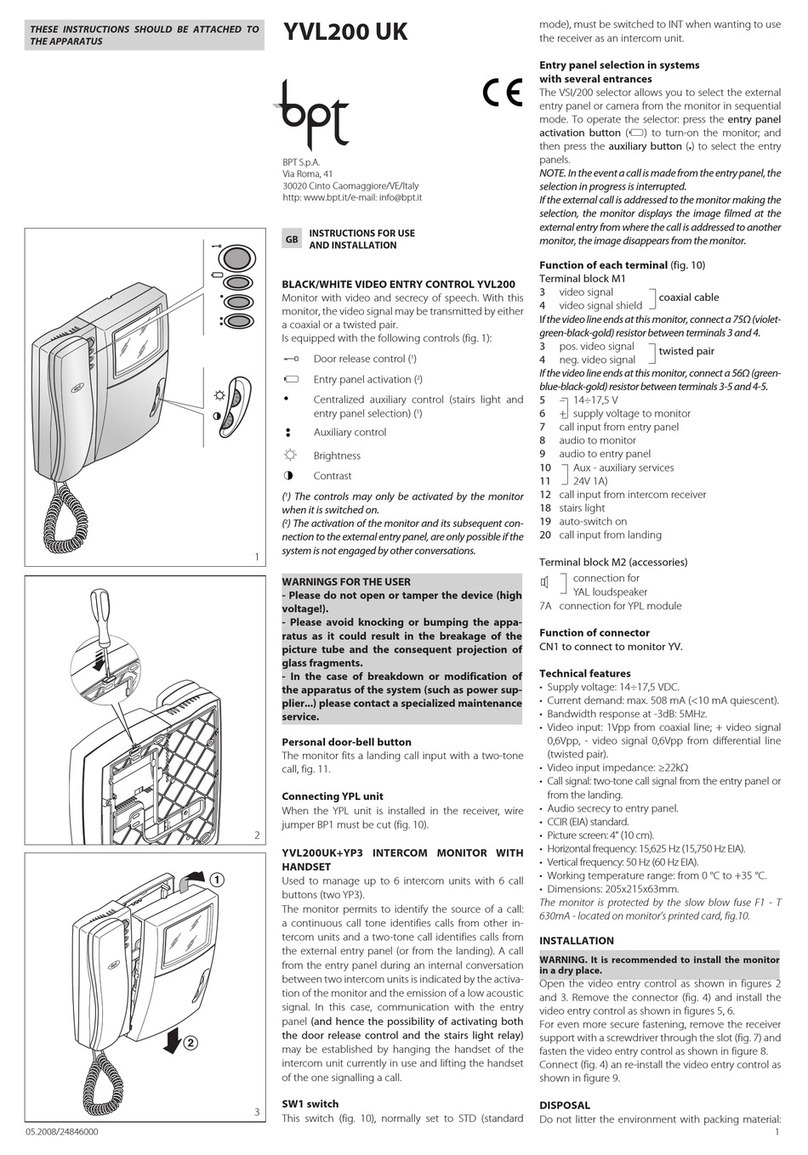 Bpt YVL200 UK Instructions for use and installation