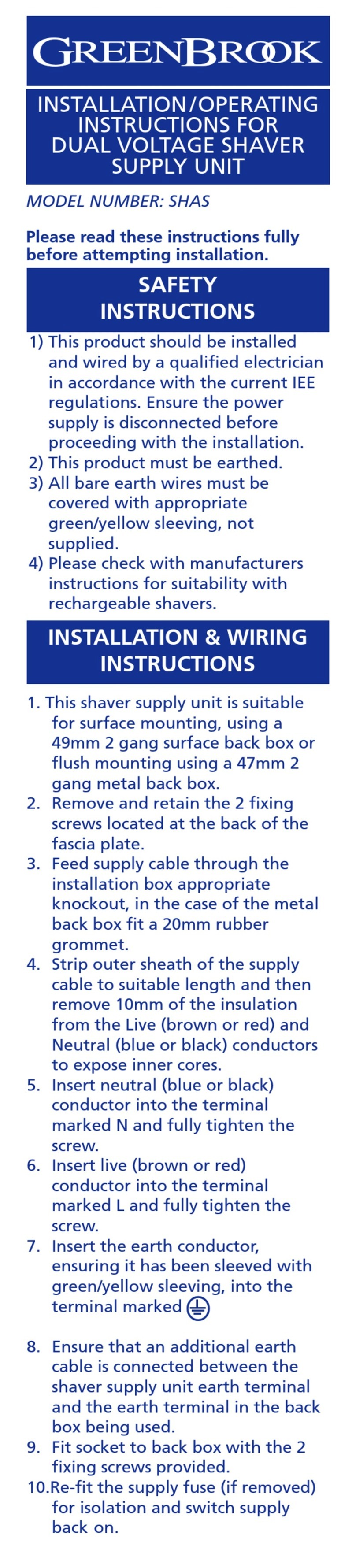 Green Brook SHAS Installation & operating instructions Green Brook SHAS Installation & operating instructions