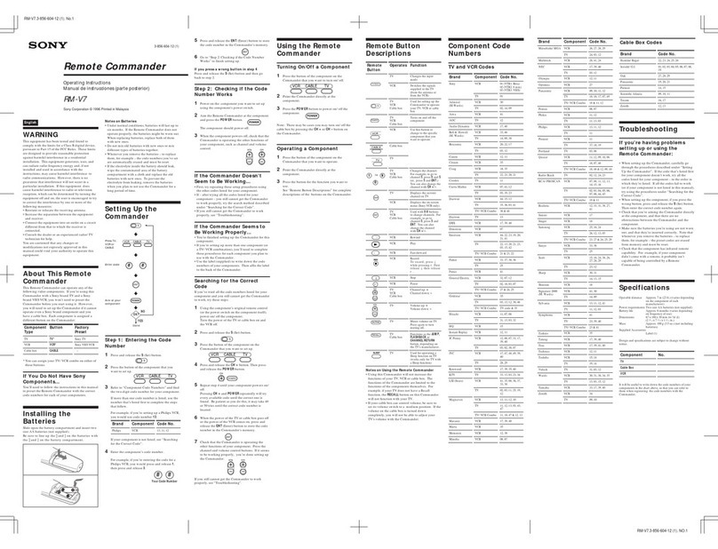 Sony Remote Commander RM-V7 User manual