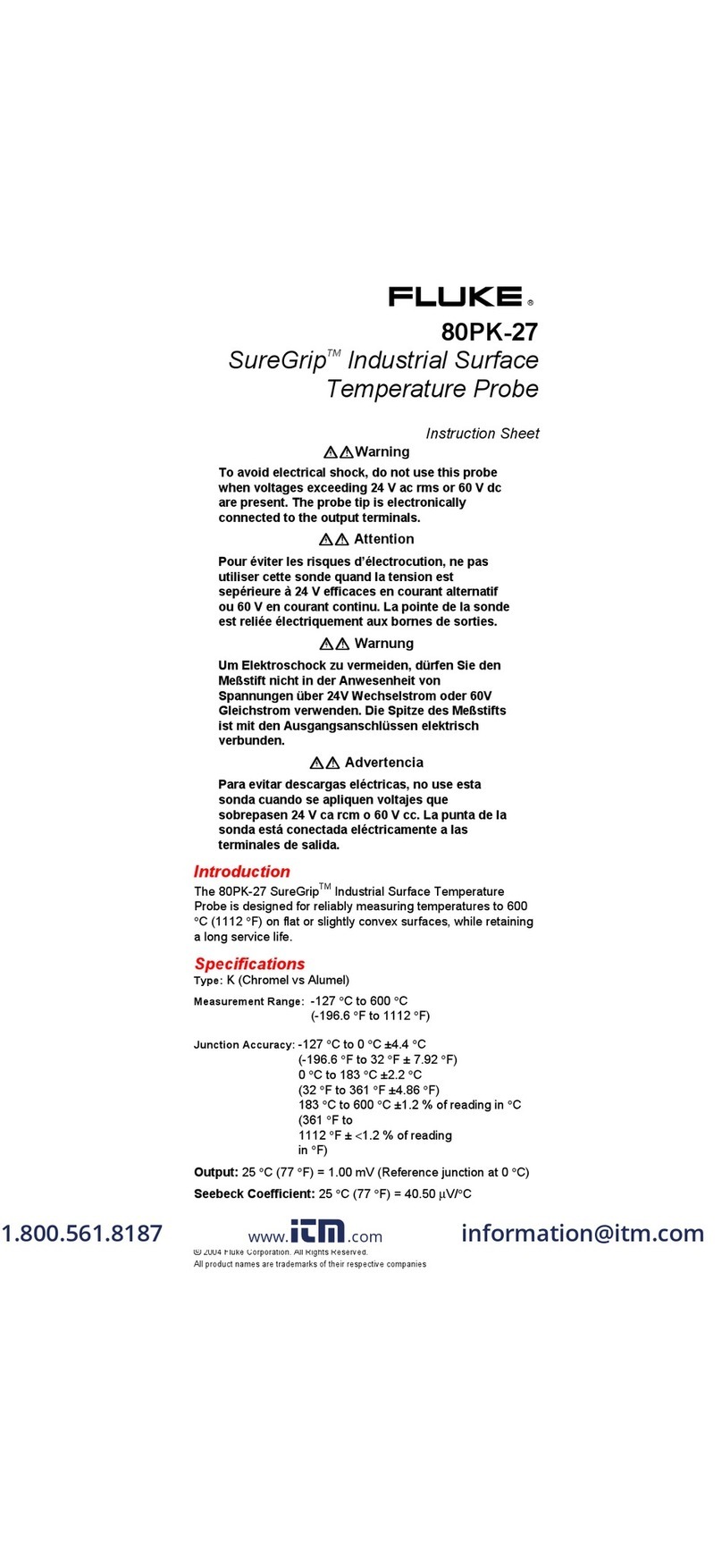 Fluke 80PK-27 instruction sheet