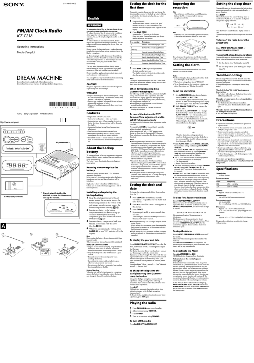 Sony Dream Machine ICF-C218 User manual
