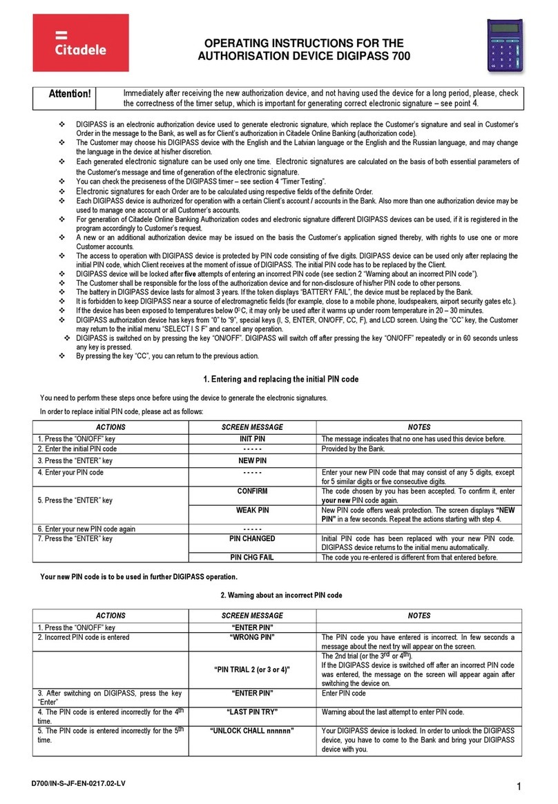 Citadele DIGIPASS 700 operating instructions