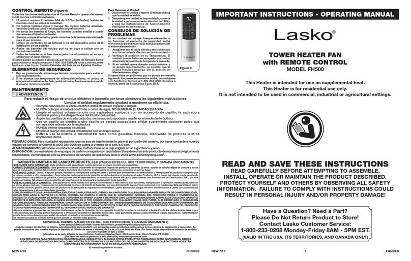 Lasko FH500 operating manual