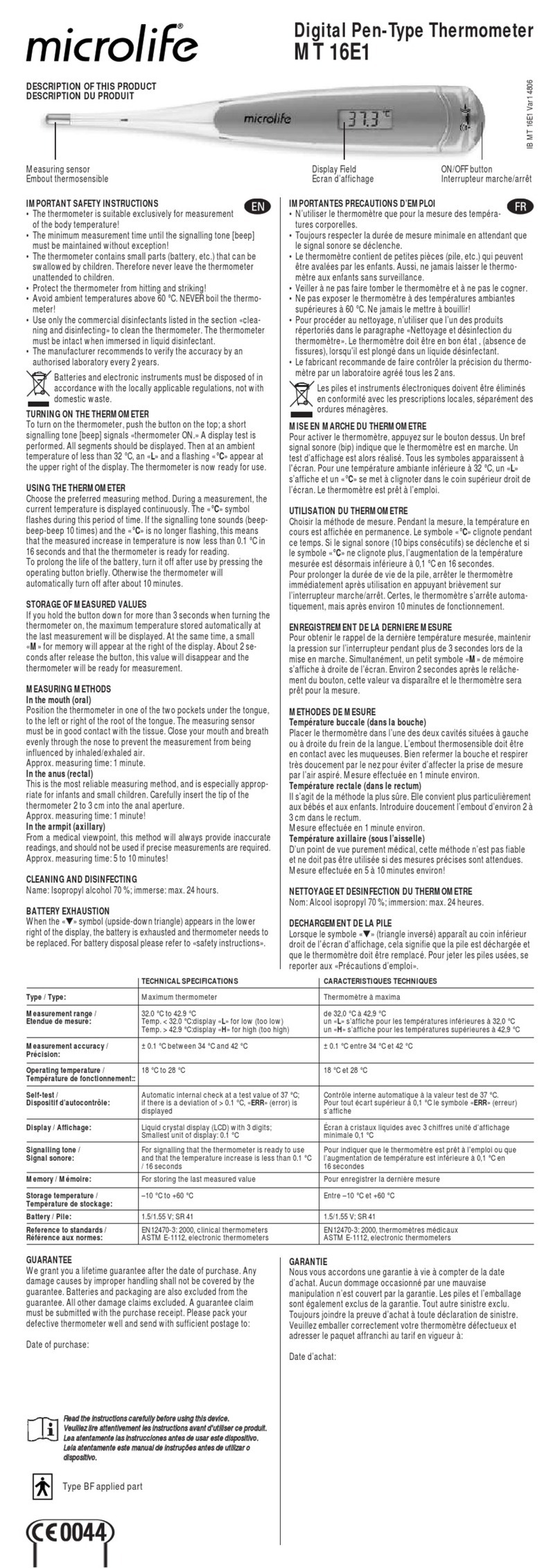 Microlife MT 16E1 Technical specifications