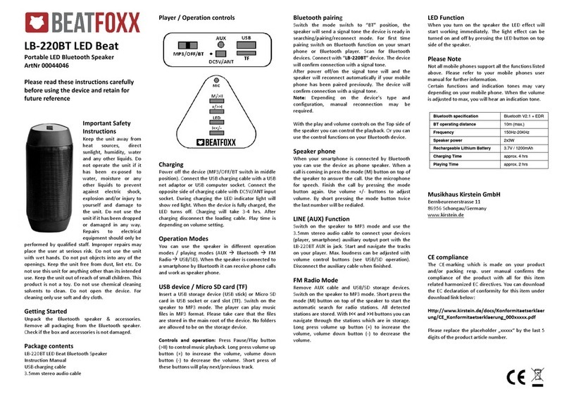 BEATFOXX LB-220BT LED Beat instructions