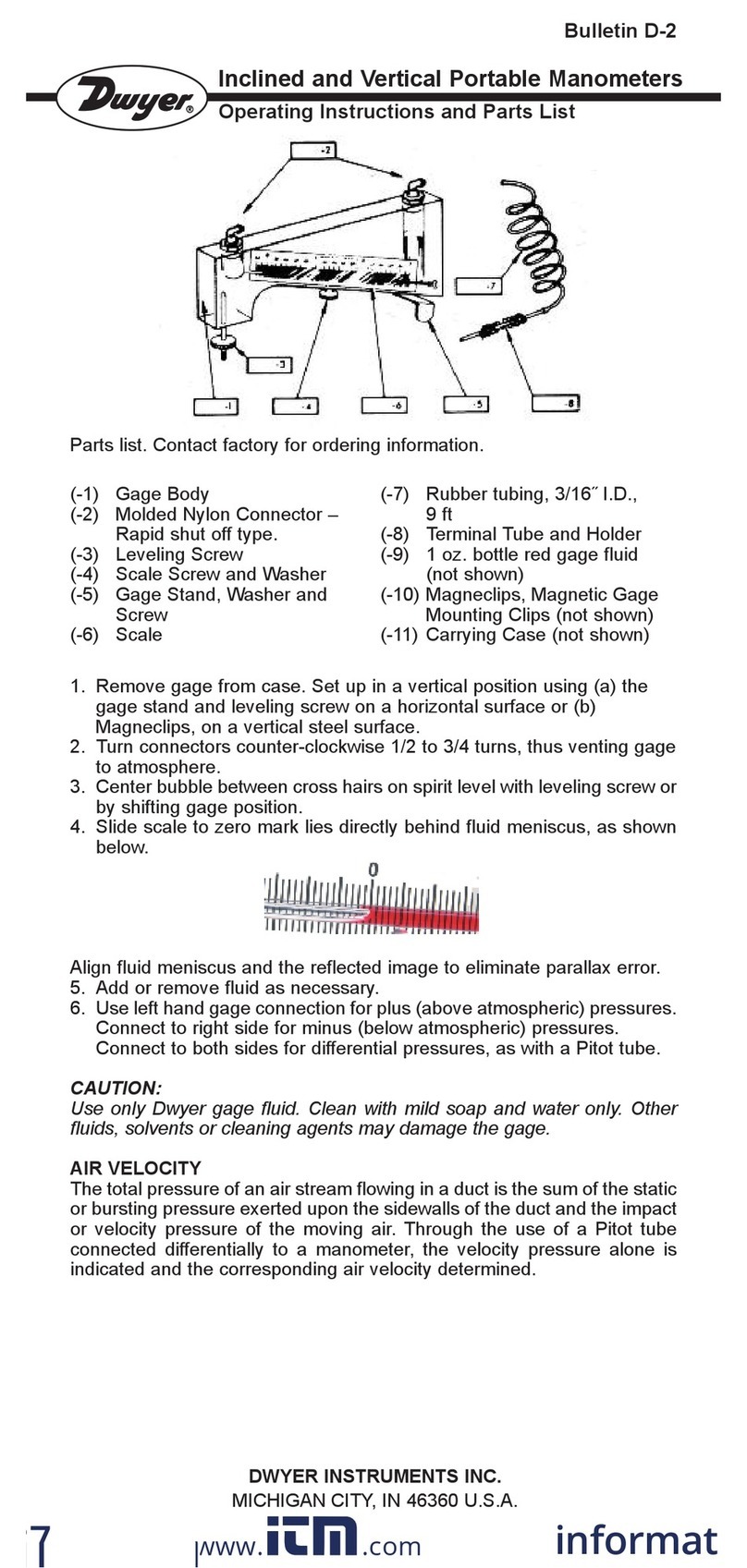Dwyer Instruments 102-AV Use and care manual