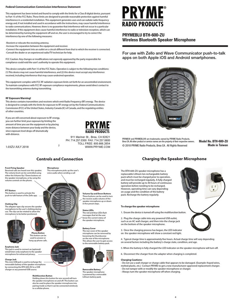 PRYME Radio Products PRYMEBLU BTH-600-ZU manual