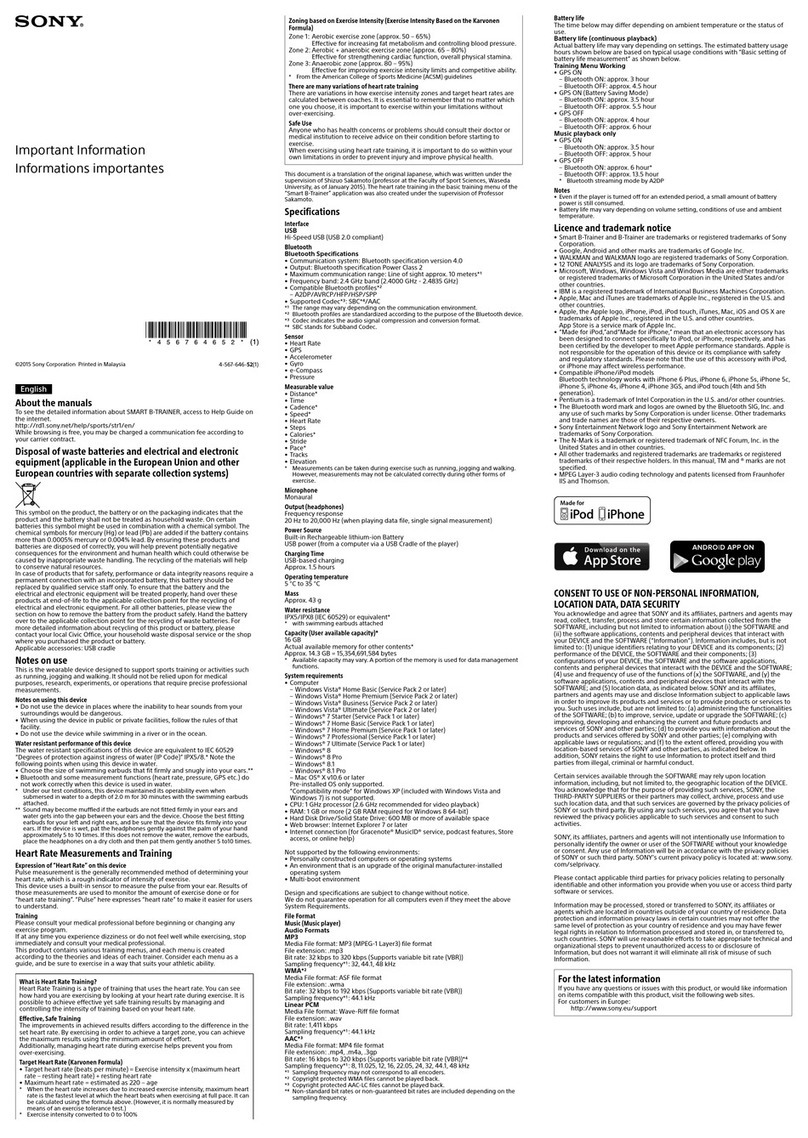 Sony Smart B-Trainer Important information