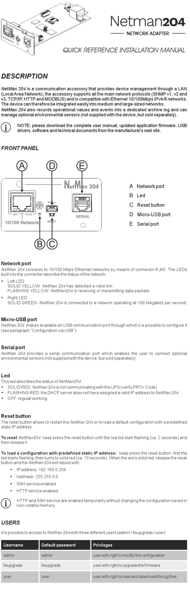 Riello UPS Netman204 QUICK REFERENCE INSTALLATION MANUAL