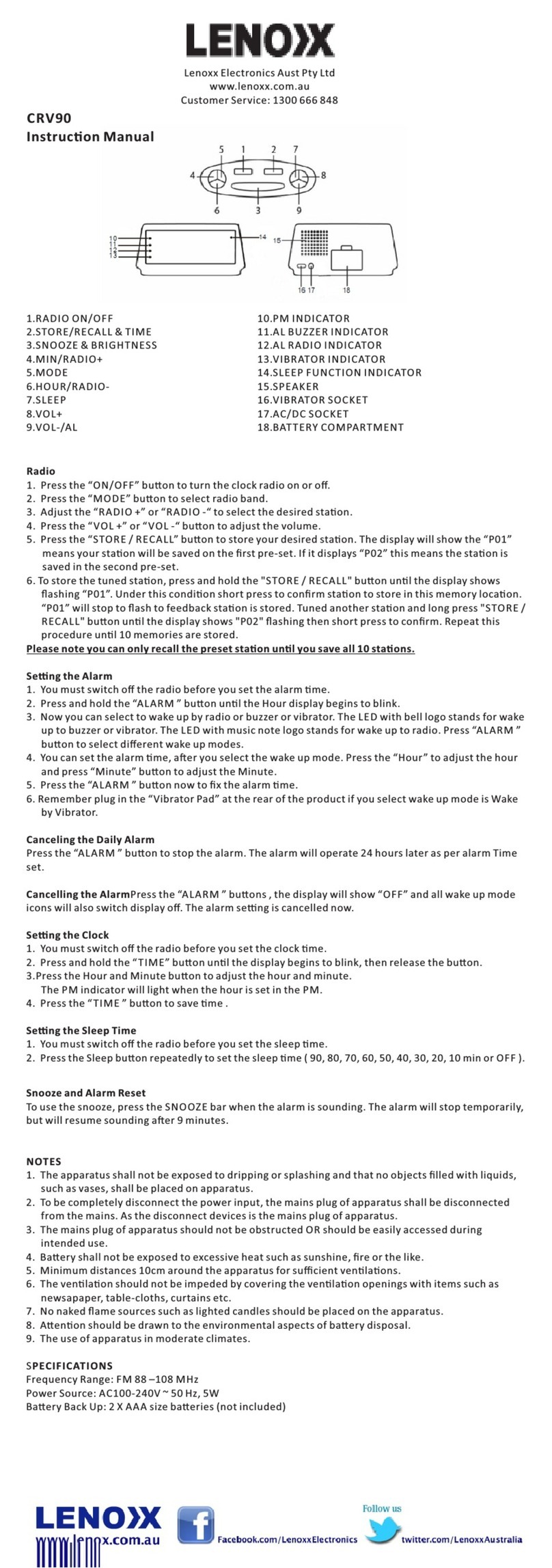 Lenoxx CRV90 instruction manual
