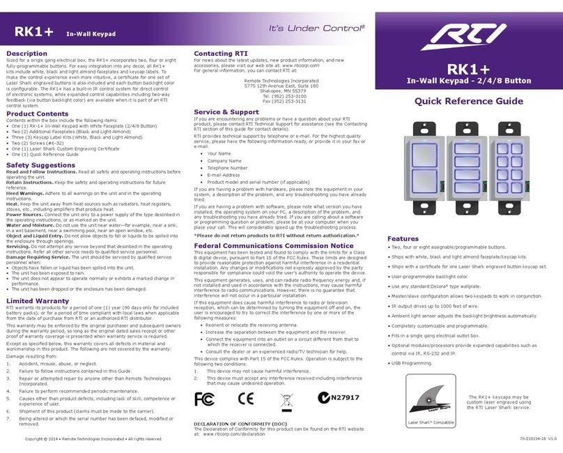RTI RK1+ Quick reference guide