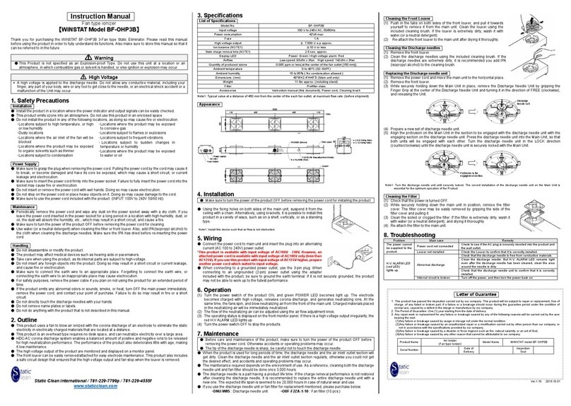 Static Clean WINSTAT BF-OHP3B instruction manual Static Clean WINSTAT BF-OHP3B instruction manual