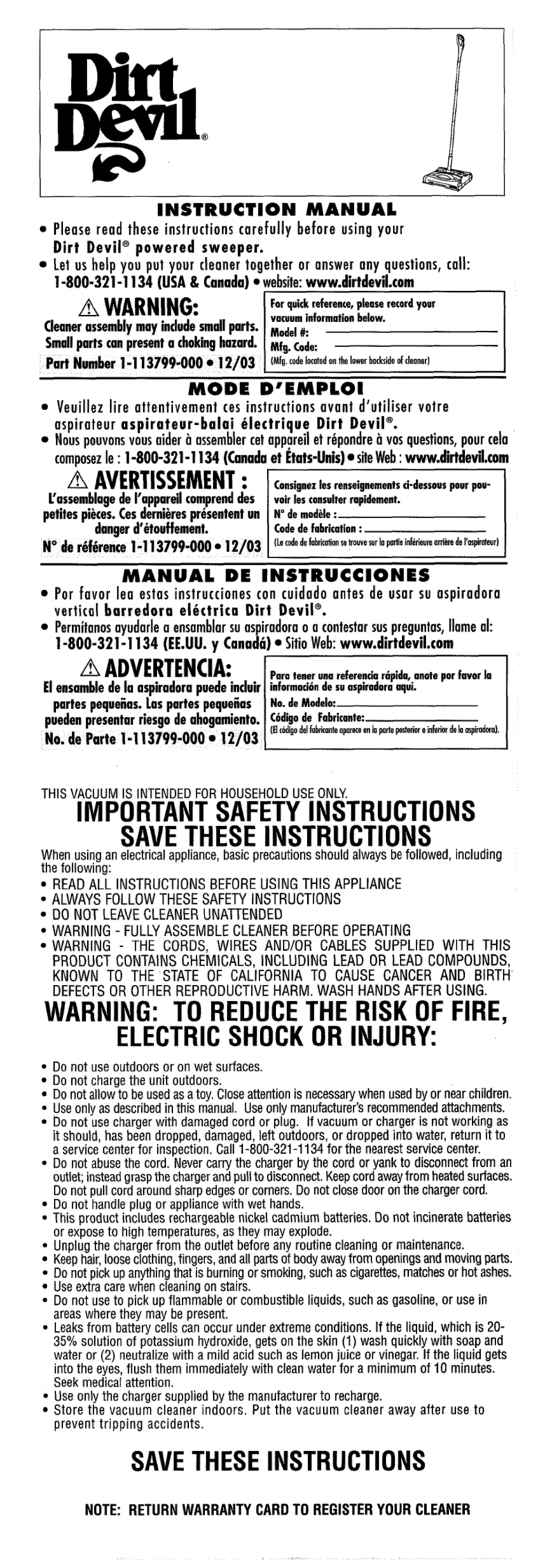 Dirt Devil BD20015 User manual