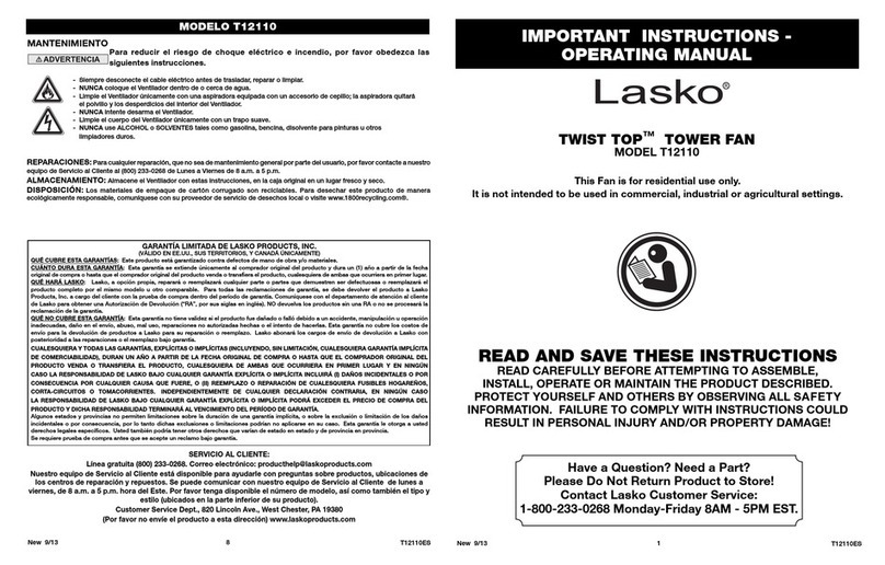 Lasko TWIST TOP T12110 Important instructions & operating manual