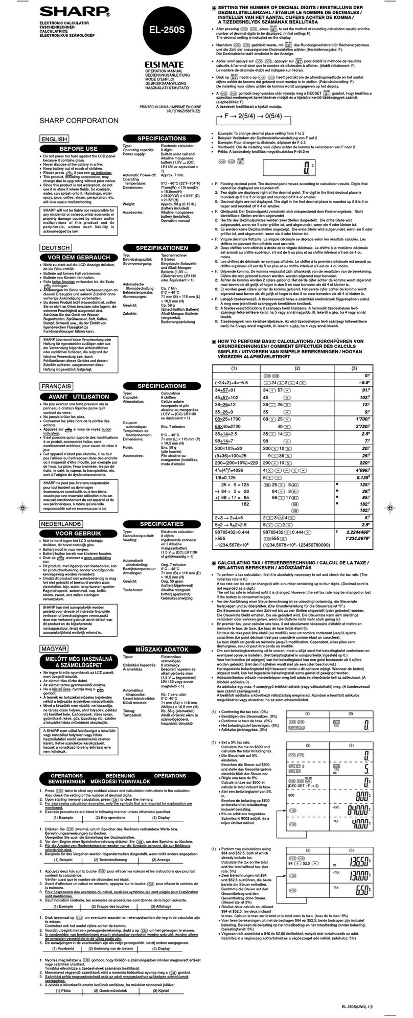 Sharp ELSI MATE EL-250S User manual