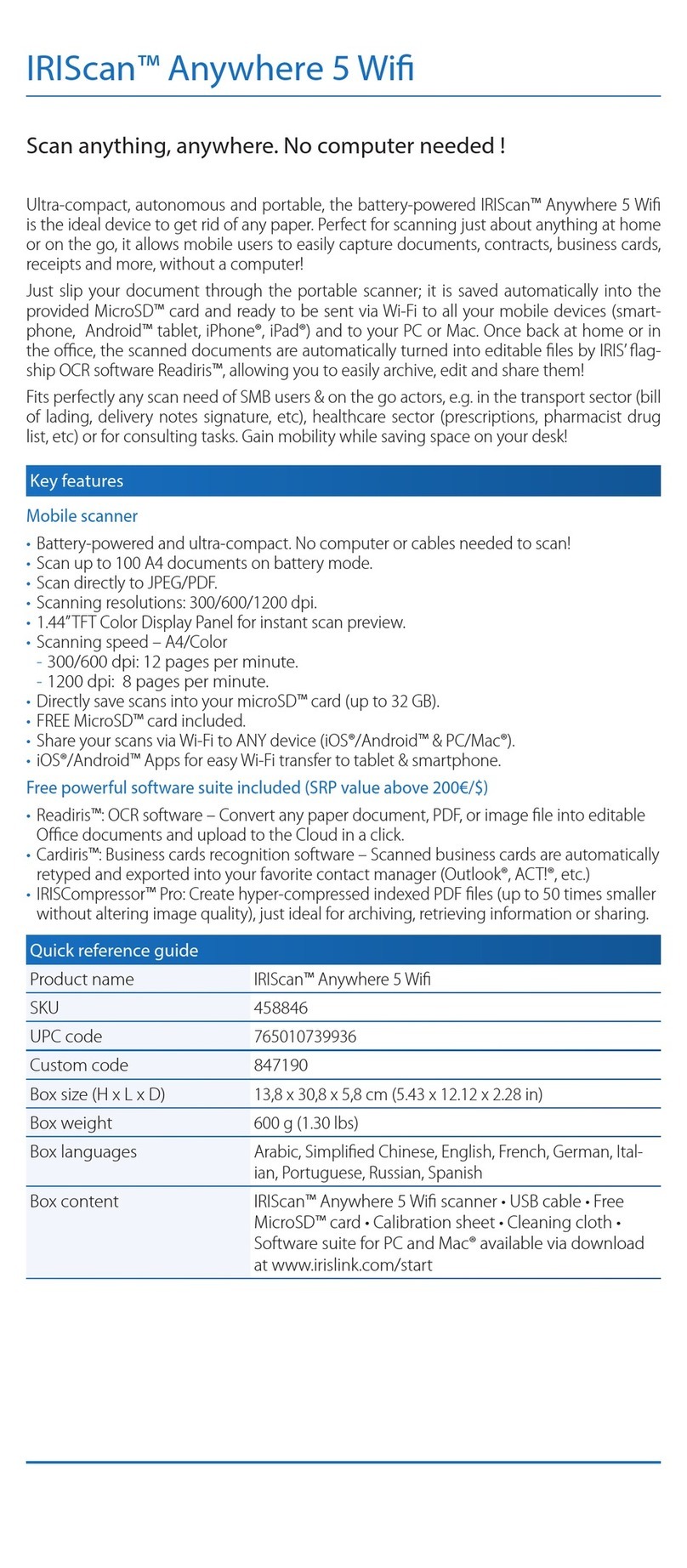 IRIScan Anywhere 5 WiFi Quick reference guide