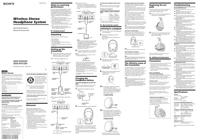 Sony MDR-RF945RK operating instructions