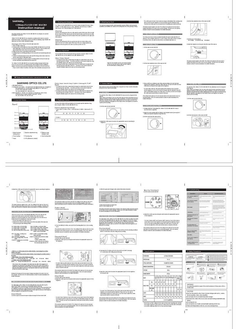 Samyang OPTICS 100mm F2.8 ED UMC MACRO instruction manual