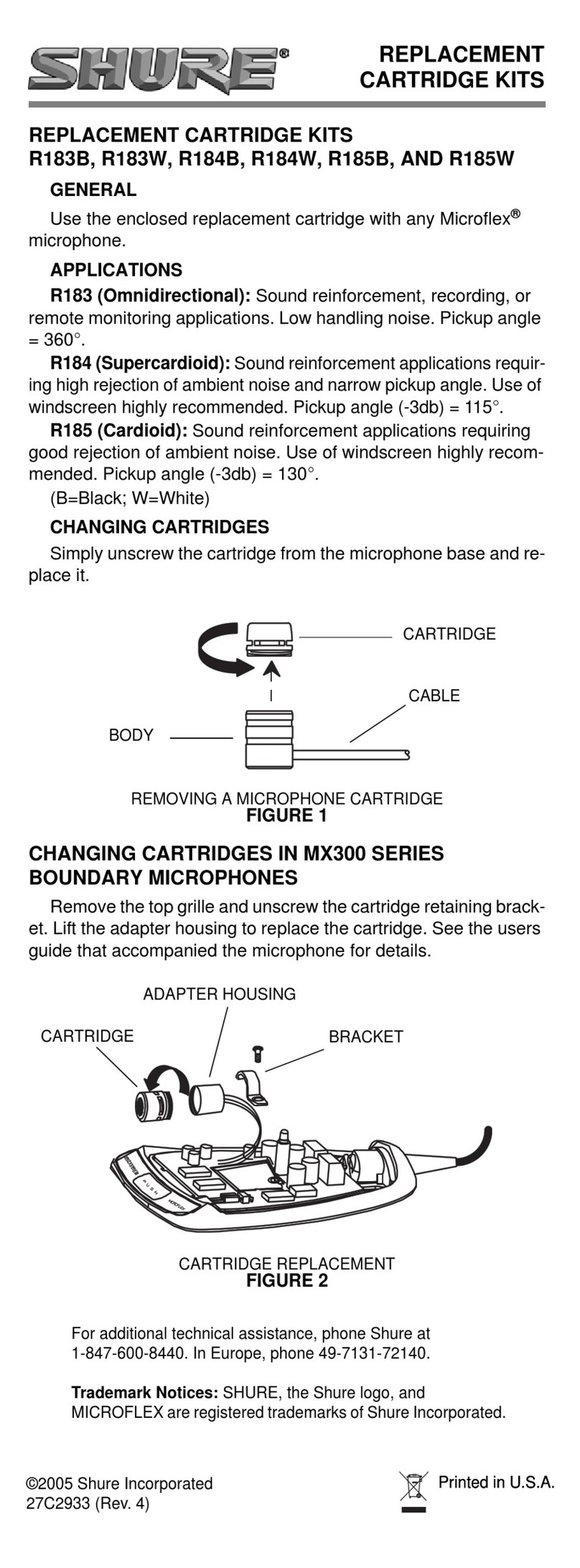 Shure R183B Use and care manual