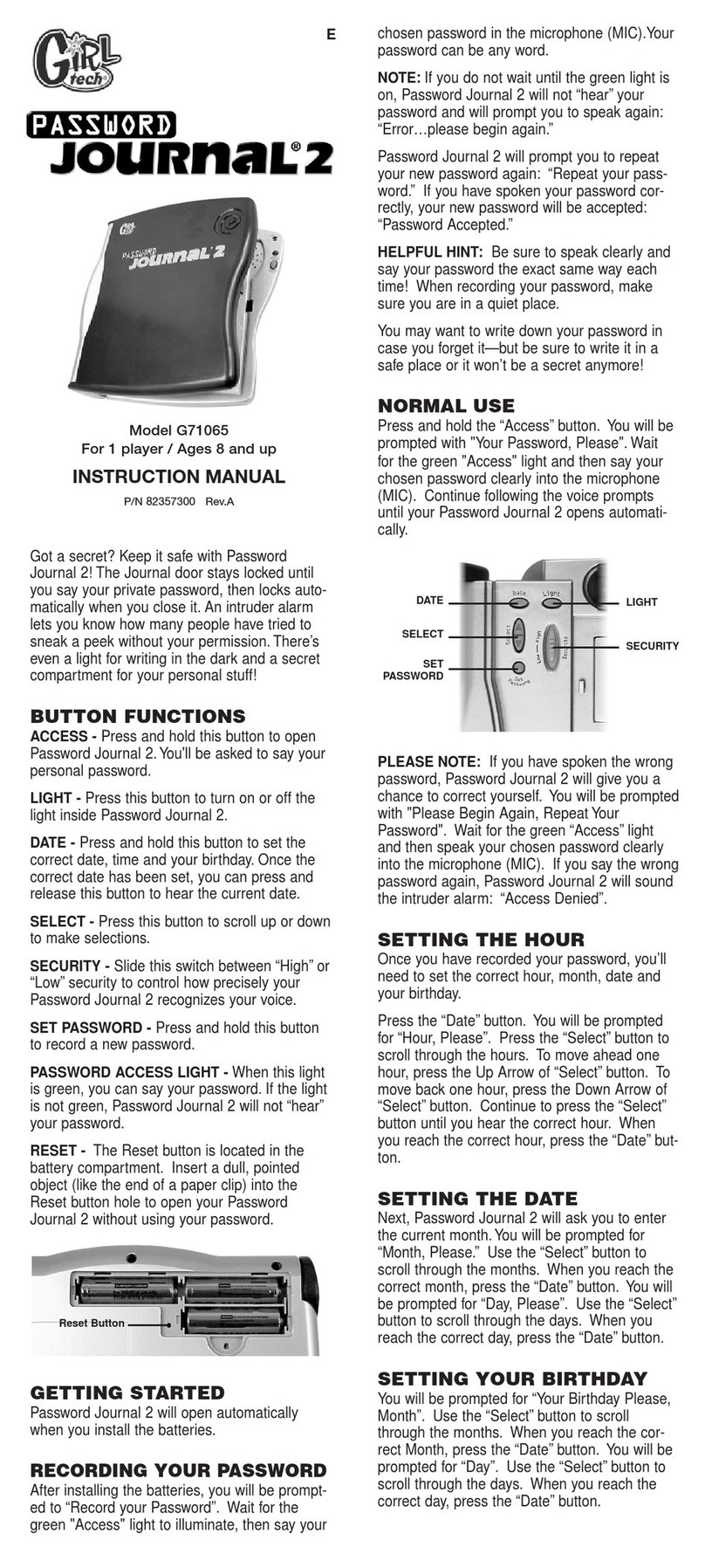 Girl tech Password Journal 2 G71065 instruction manual