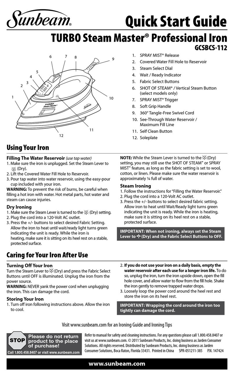 Sunbeam TURBO Steam Master GCSBCS-112 quick start guide