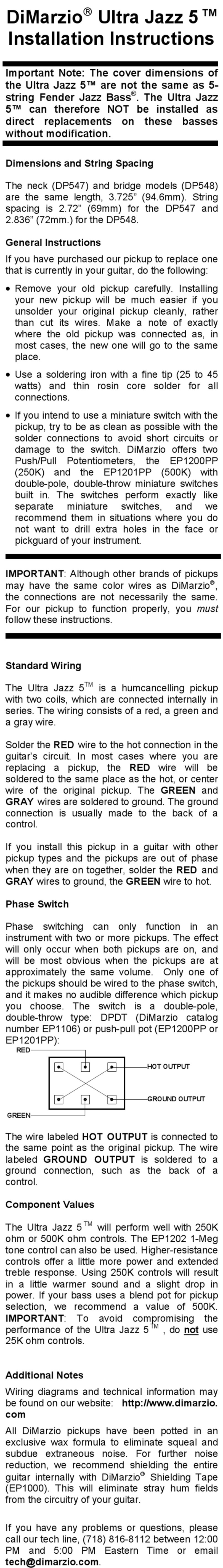 DiMarzio Ultra Jazz 5 installation instructions