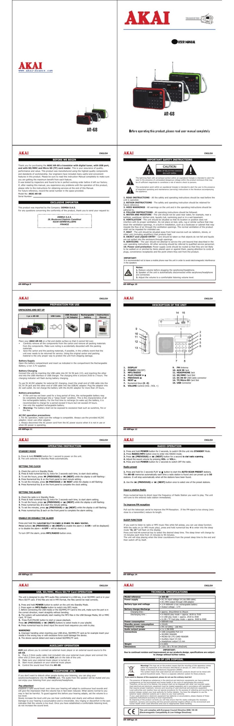 Akai AR-68 user manual