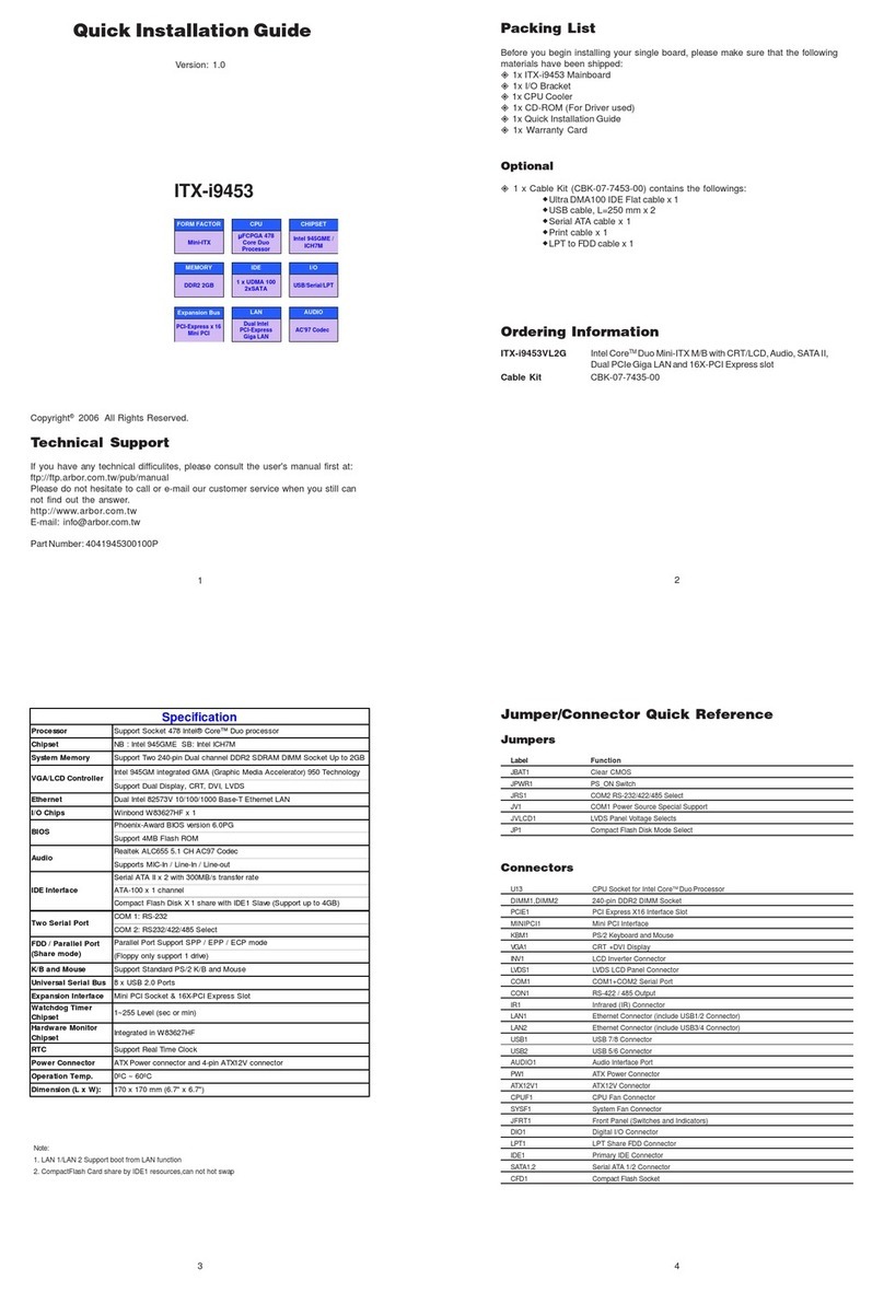 Arbor Technology ITX-i9453 User manual