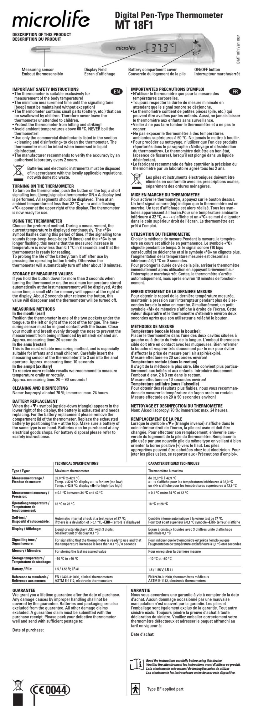 Microlife MT 18F1 User manual
