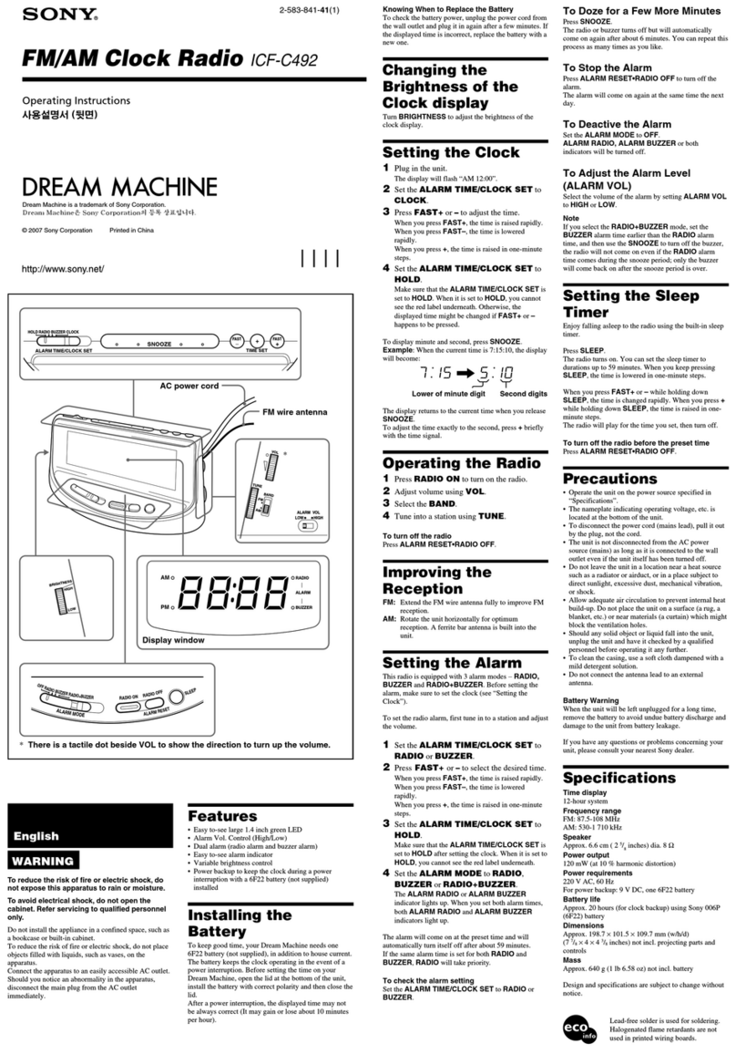 Sony Dream Machine ICF-C492 operating instructions