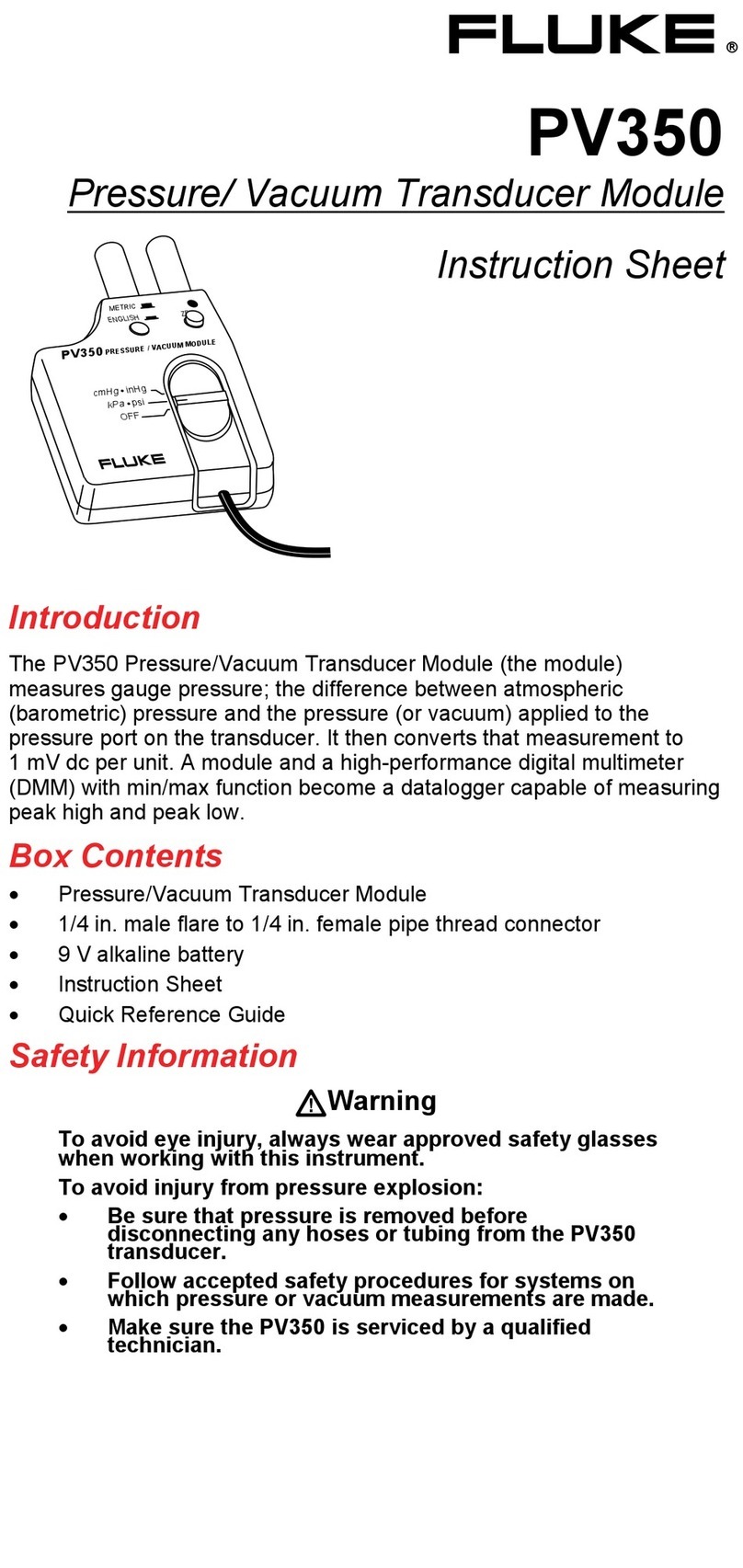 Fluke PV350 instruction sheet Fluke PV350 instruction sheet
