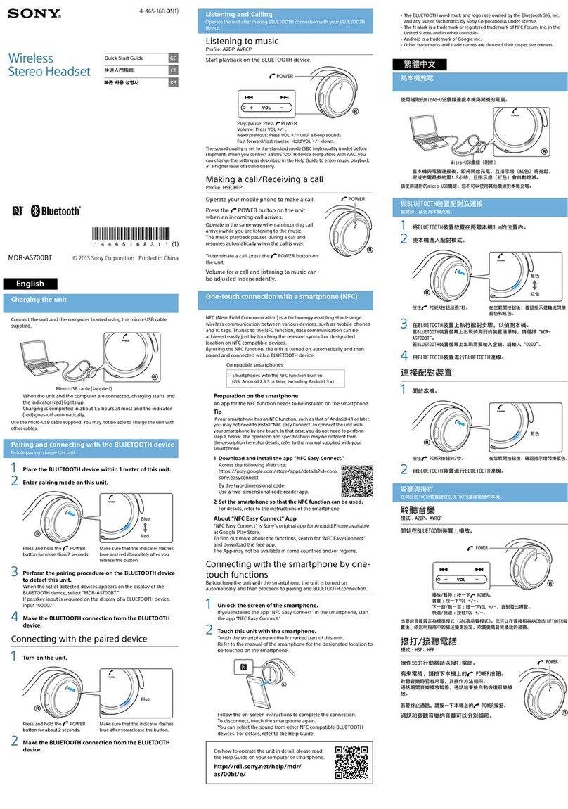 Sony MDR-AS700BT quick start guide