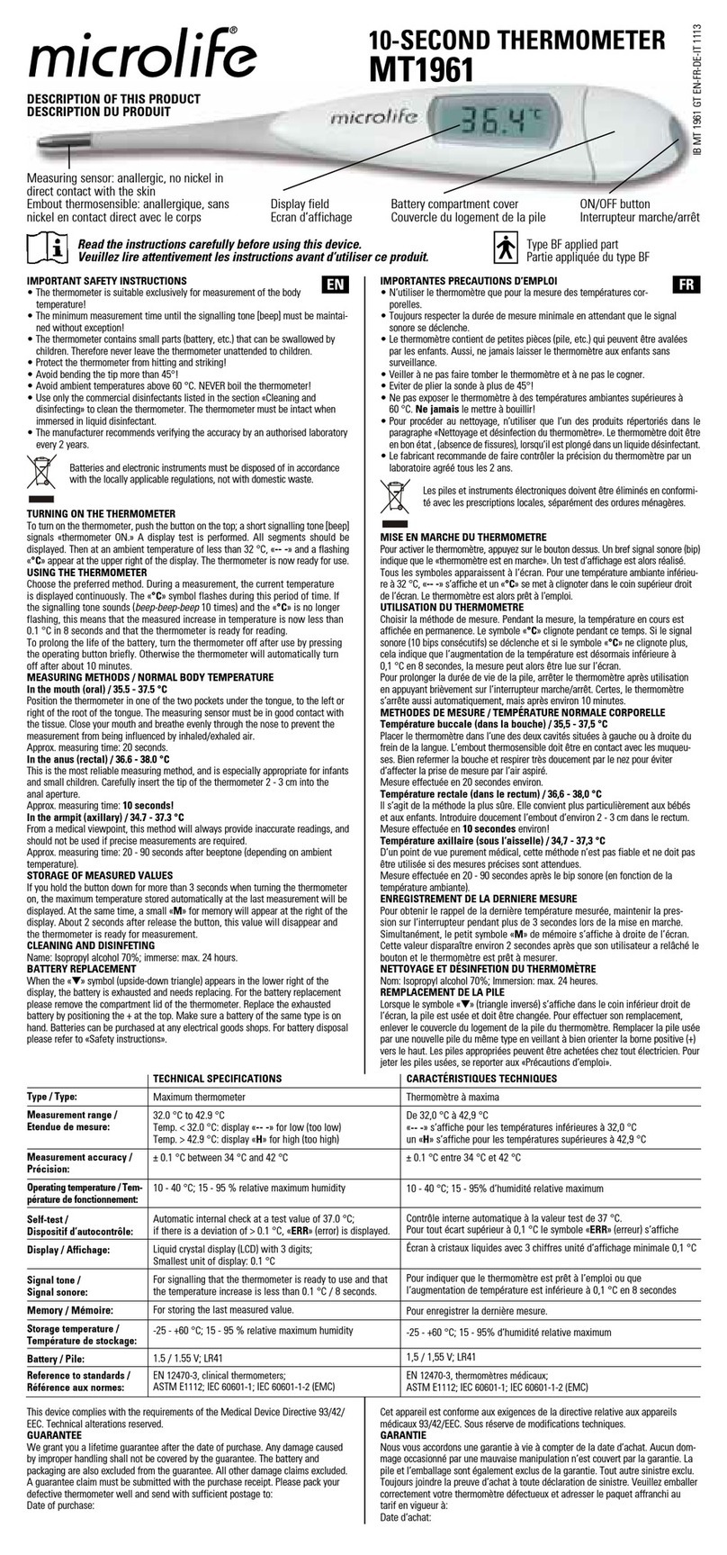 Microlife MT1961 User manual