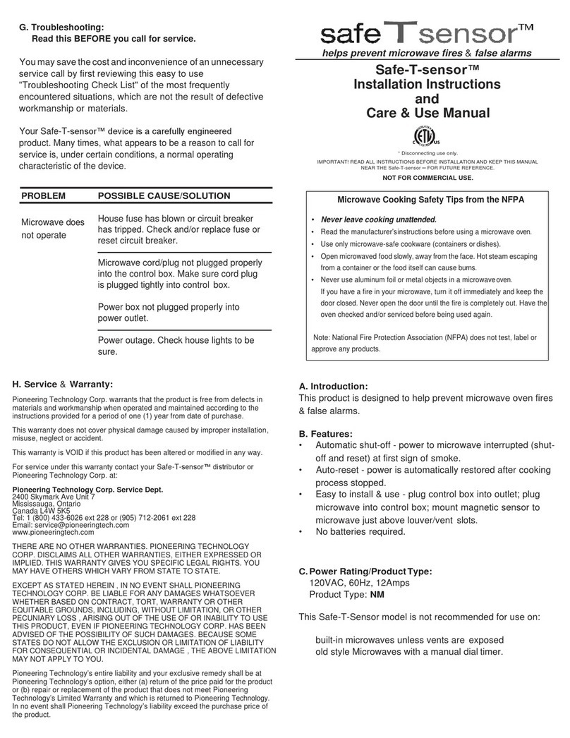 Pioneering Technologies Safe T Sensor Installation Instructions and Care & Use Manual