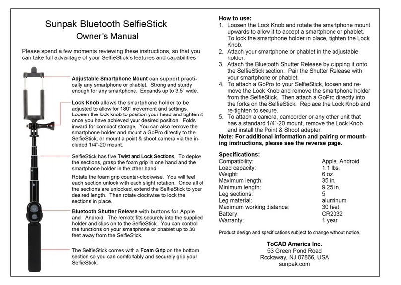 ToCAD America Inc. Sunpak Bluetooth SelfieStick SP-RBTSW-BK owner's manual