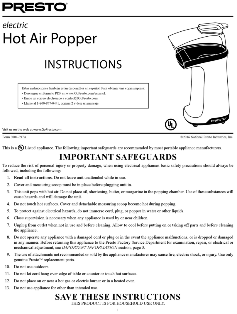 Presto Electric Hot Air Popper instructions