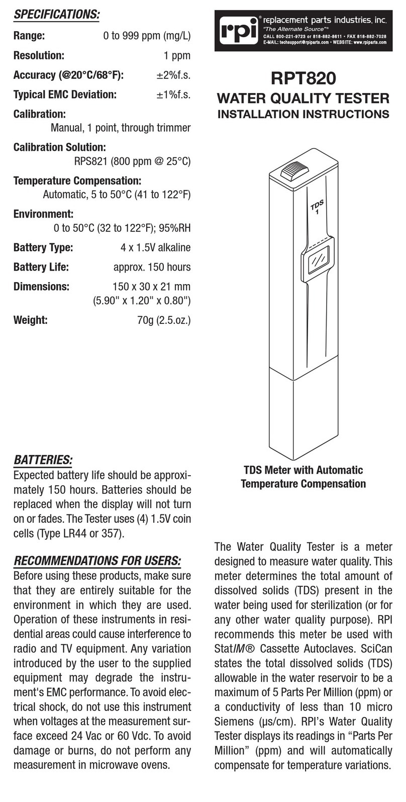 RPI RPT820 installation instructions