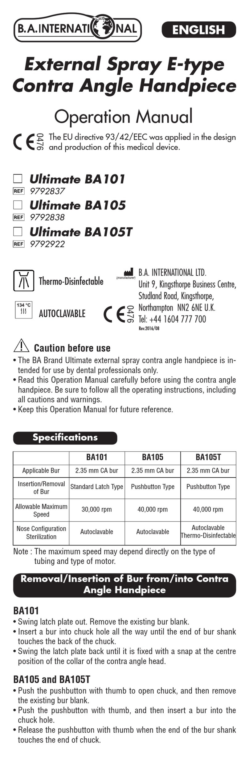 B.A. International Ultimate BA101 Operation manual B.A. International Ultimate BA101 Operation manual