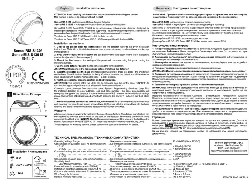 Teletek electronics SensoIRIS S130 Installation instruction Teletek electronics SensoIRIS S130 Installation instruction