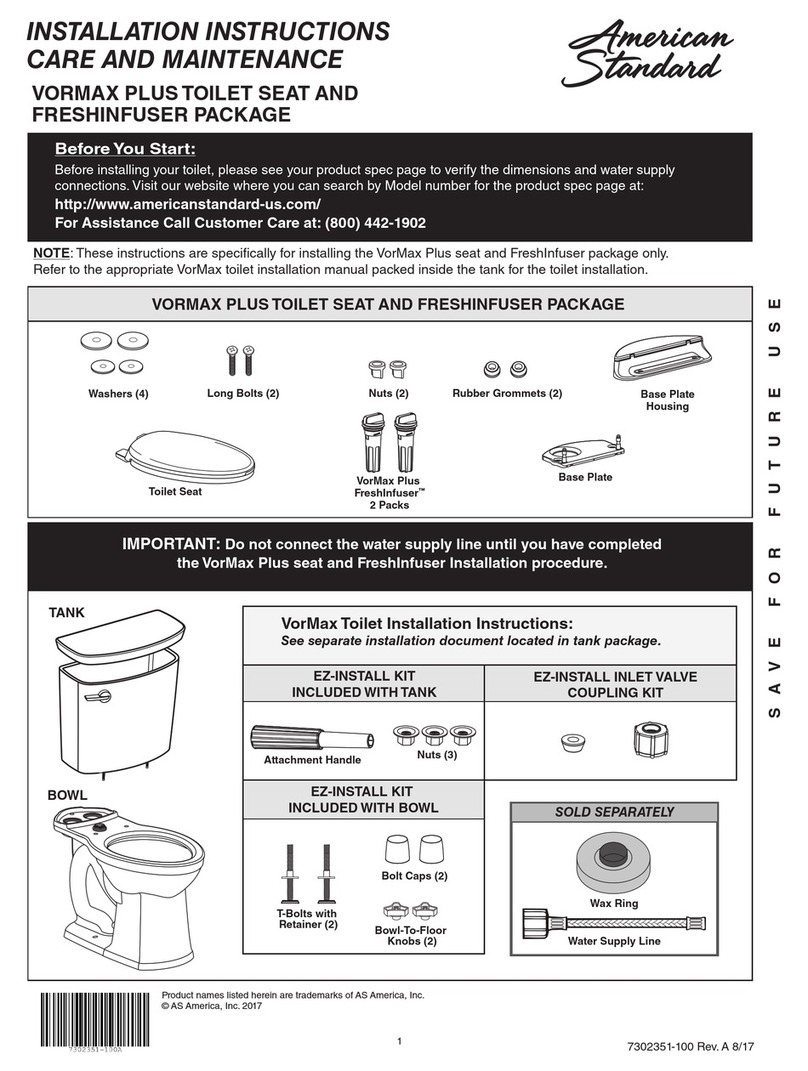 American Standard VORMAX PLUS INSTALLATION INSTRUCTIONS CARE AND MAINTENANCE