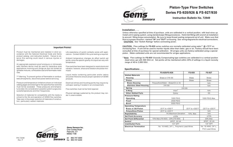 Gems Sensors S-925 Series Instruction bulletin