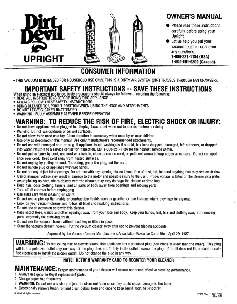 Dirt Devil UPRIGHT Series owner's manual
