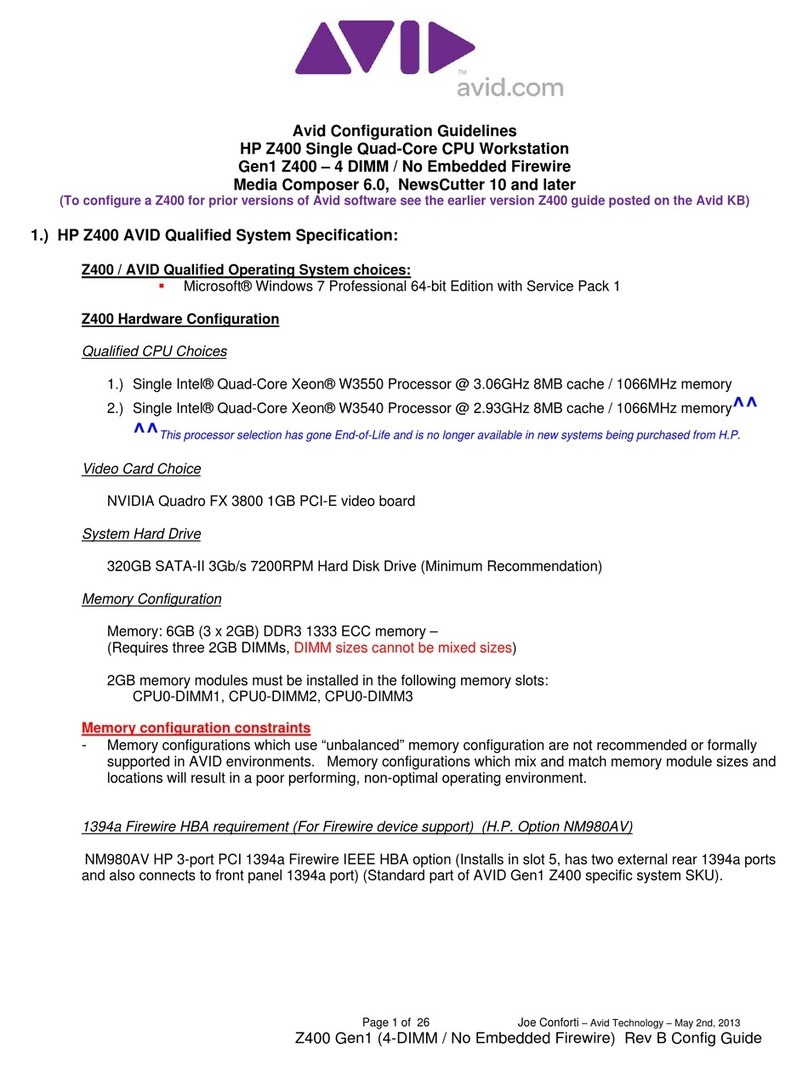 Avid Technology HP Z400 Series Configuration guidelines