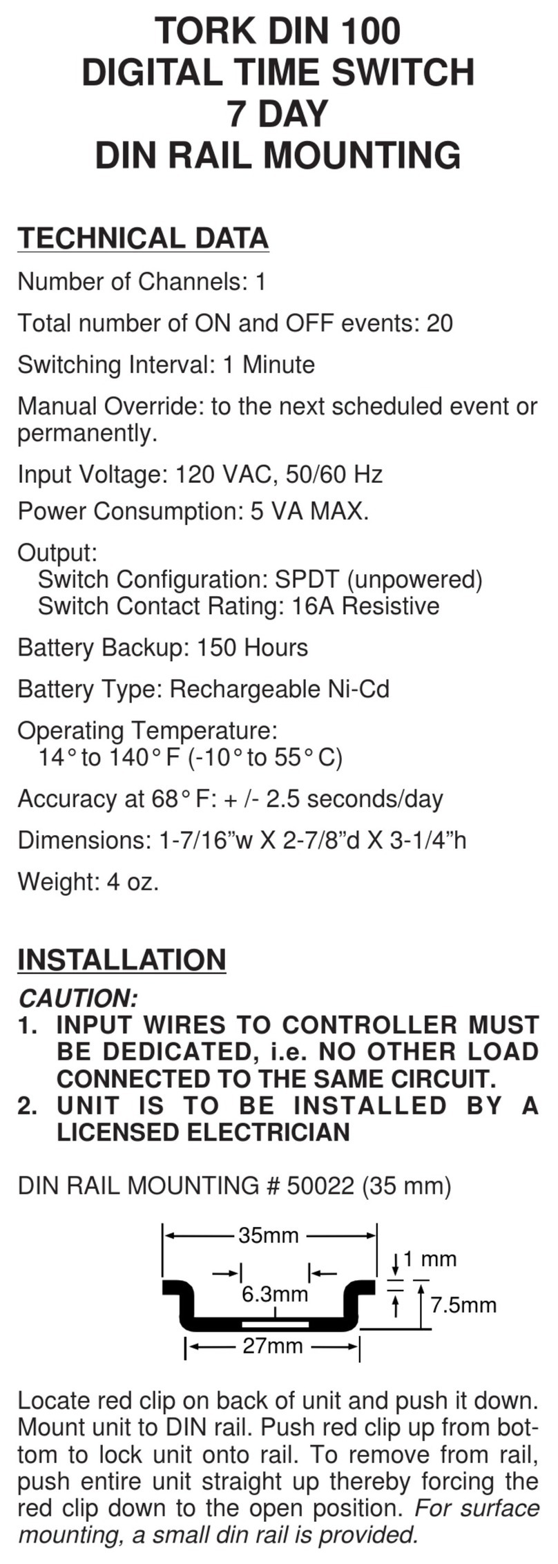 Tork DIN 100 User manual