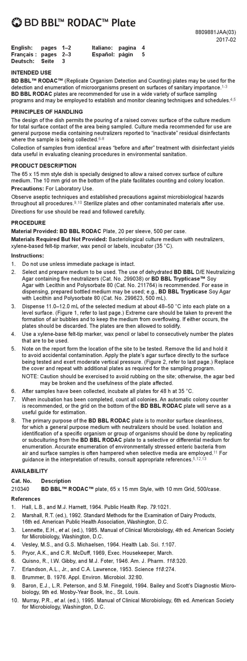 BD BBL RODAC Plate Intended use